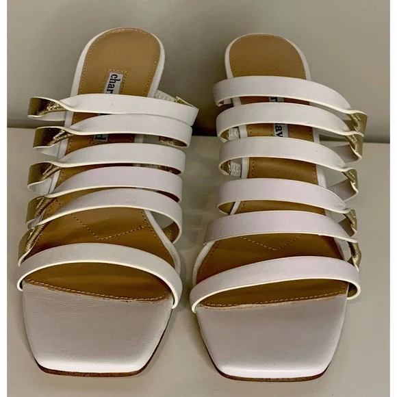 Charles David Vocal White/Gold Leather Metallic Heel Sandal Women’s Size 7.5 - Picture 3 of 10
